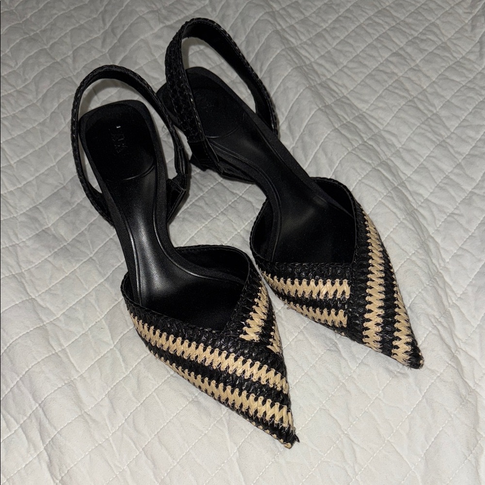 Zara Black and Tan Woven Slingback Heels